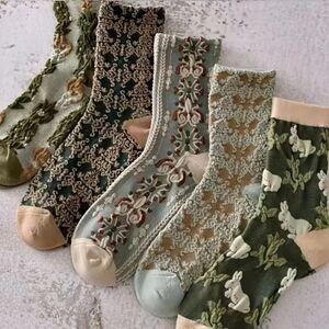 Bunny rabbit Green Cottagecore embroidered Capri socks